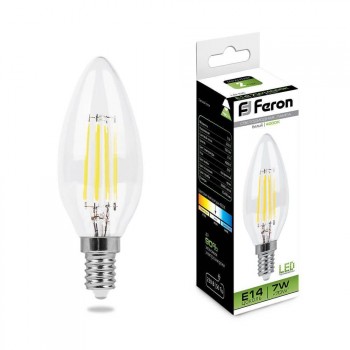 Лампа светодиодная филаментная Feron E14 7W 4000K Свеча Прозрачная LB-66 25780 (Россия)