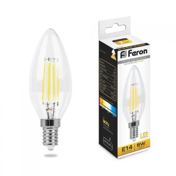 Лампа светодиодная филаментная Feron E14 5W 2700K Свеча Прозрачная LB-58 25572 (Россия)