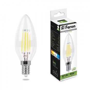 Лампа светодиодная филаментная Feron E14 5W 4000K Свеча Прозрачная LB-58 25573 (Россия)