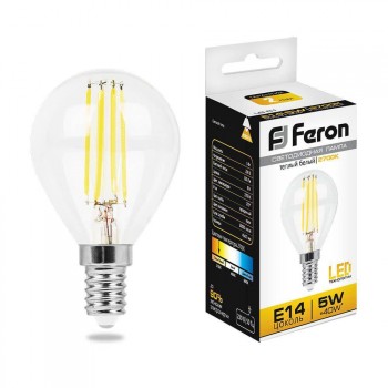 Лампа светодиодная филаментная Feron E14 5W 2700K Шар Прозрачная LB-61 25578 (Россия)
