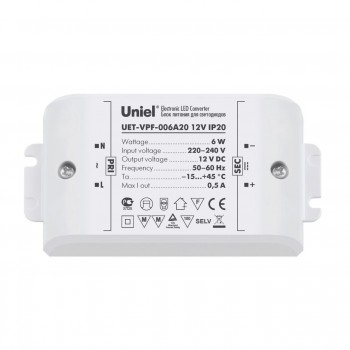 Блок питания для светодиодов 6W 500мА (05827) Uniel UET-VPF-006A20 (Китай)
