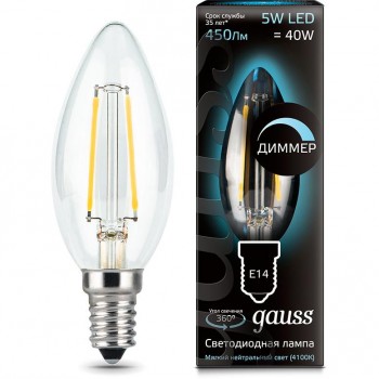 Лампа светодиодная диммируемая филаментная E14 5W 4100К свеча прозрачная 103801205-D (Россия)