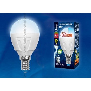Лампа светодиодная (UL-00000692) E14 6W 4500K шар матовый LED-G45-6W/NW/E14/FR/DIM PLP01WH (Китай)