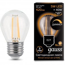 Лампа светодиодная Gauss диммируемая филаментная E27 5W 2700К груша прозрачная 105802105-D