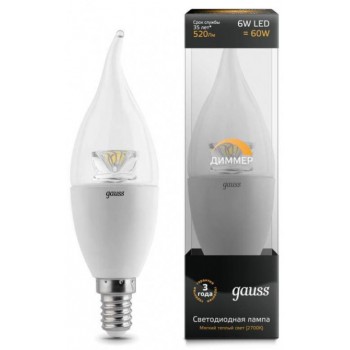 Лампа светодиодная диммируемая E14 6W 4100К свеча на ветру прозрачная 104201206-D (Россия)