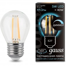 Лампа светодиодная Gauss диммируемая филаментная E27 5W 4100К груша прозрачная 105802205-D