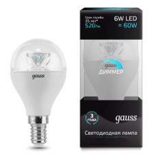 Лампа светодиодная Gauss диммируемая E14 6W 4100К шар прозрачный 105201206-D