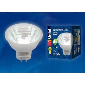 Лампа светодиодная (UL-00001703) GU4 3W 4000K полусфера прозрачная LED-MR11-3W/NW/GU4/220V GLZ21TR (Китай)