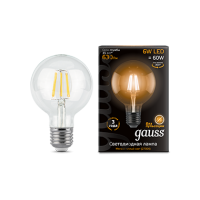 Лампа светодиодная Gauss филаментная G95 E27 6W 2700K шар прозрачный 1/20 105802106