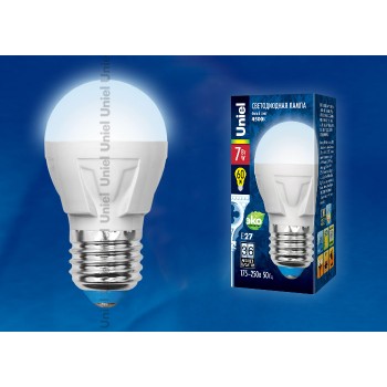 Лампа светодиодная (UL-00000772) E27 7W 4500K шар матовый LED-G45-7W/NW/E27/FR PLP01WH (Китай)
