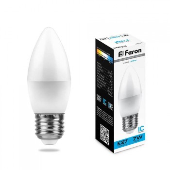 Лампа светодиодная Feron E27 7W 6400K Свеча Матовая LB-97 25883 (Россия)