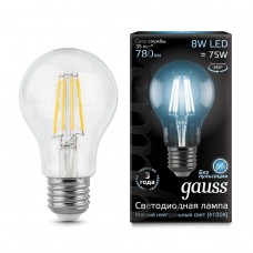 Лампа светодиодная Gauss филаментная E27 8W 4100К шар прозрачный 102802208