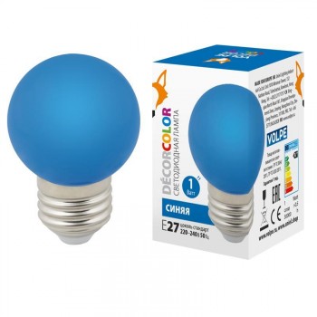 Лампа декоративная светодиодная (UL-00005647) Volpe E27 1W синяя LED-G45-1W/BLUE/E27/FR/С (Китай)