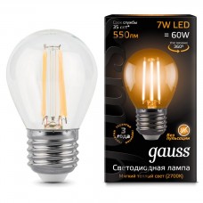 Лампа светодиодная Gauss филаментная E27 7W 2700К груша прозрачная 105802107