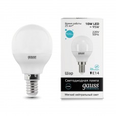 Лампа светодиодная Gauss E14 10W 4100K шар матовый 53120