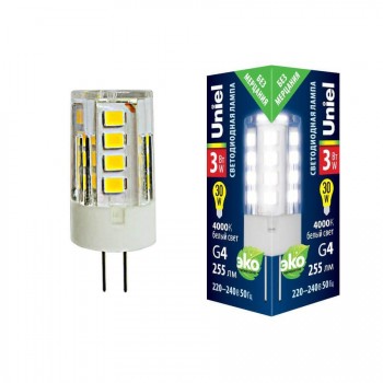 Лампа светодиодная Uniel G4 3W 4000K прозрачная LED-JC-220/3W/4000K/G4/CL GLZ09TR UL-00006743 (КИТАЙ)
