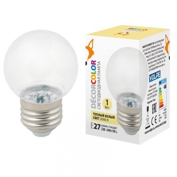 Лампа декоративная светодиодная (UL-00005807) Volpe E27 1W 3000K прозрачная LED-G45-1W/3000K/E27/CL/С (Китай)