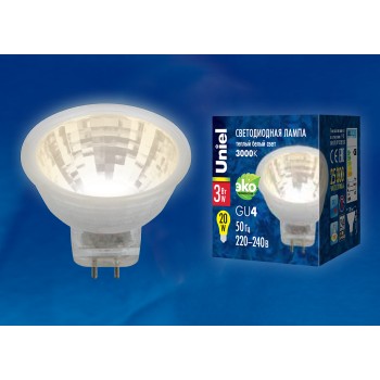 Лампа светодиодная (UL-00001702) GU4 3W 3000K полусфера прозрачная LED-MR11-3W/WW/GU4/220V GLZ21TR (Китай)