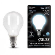 Лампа светодиодная Gauss филаментная E14 5W 4100К шар матовый 105201205