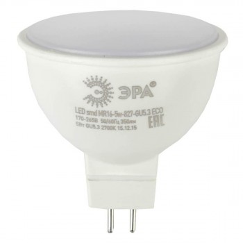 Лампа светодиодная ЭРА GU5.3 5W 2700K матовая ECO LED MR16-5W-827-GU5.3 (Россия)