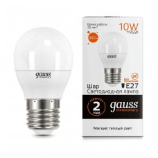 Лампа светодиодная Gauss E27 10W 3000K шар матовый 53210