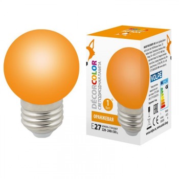 Лампа декоративная светодиодная (UL-00005650) Volpe E27 1W оранжевая LED-G45-1W/ORANGE/E27/FR/С (Китай)